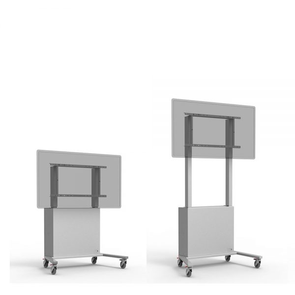 Twee mobiele grijze lift tv trolleys naast elkaar met kast die gesloten is aan de voorzijde. Een staat in een hoge stand, een in een lage stand